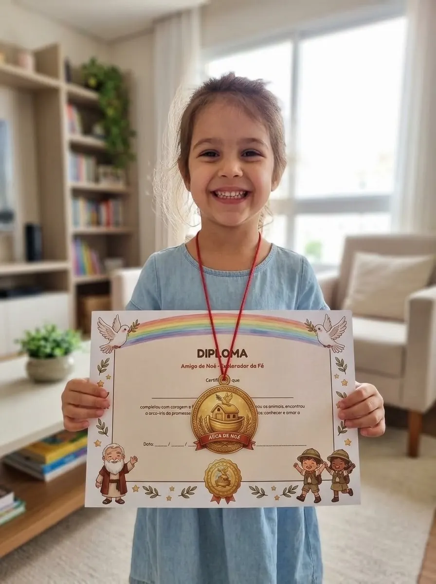 Criança com a medalha de ouro da Arca e o diploma "Amigo de Noé" nas mãos